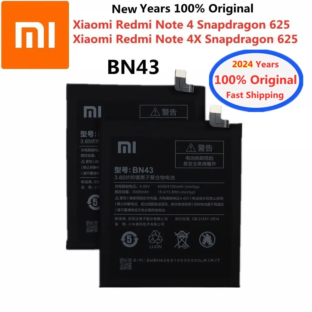 

2024 Years Xiao mi Original BN43 Battery For Xiaomi Redmi Note 4 / Note 4X Note4 Note4X Global Snapdragon 625 4000mAh Battery