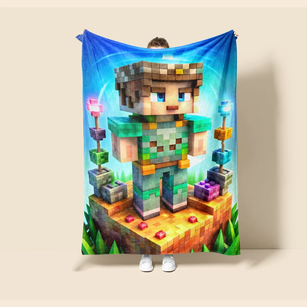 Kids Throw Blanket Cartoon Minecraft Flannel Blanket Soft Warm Comfortable for Living Room Car Camping Bedroom view 3