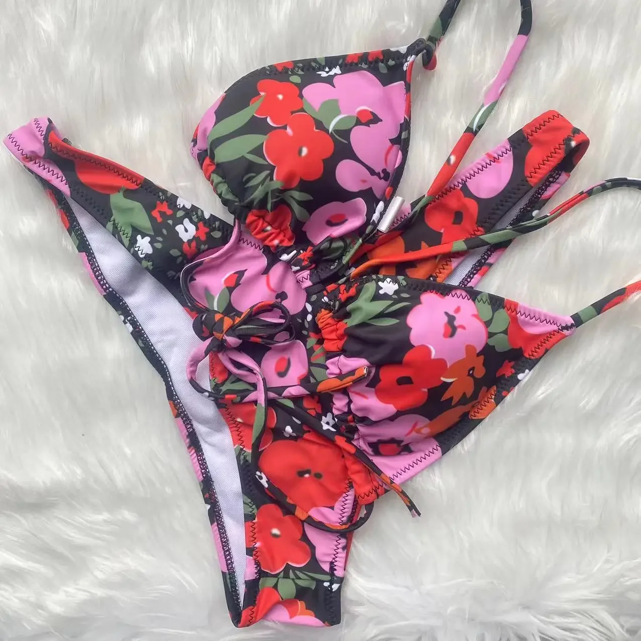 Bloemenprint Bikini Set Zwart Kleur Badpak Vrouwen Sexy Bikini Microbandage Strandkleding Driehoek Badmode Biquini