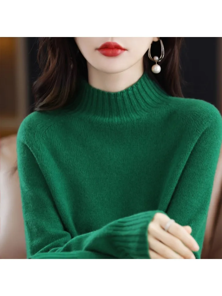 Thickened Seamless One-Line 100 Pure Wool Women's Half High Collar Sweater Autumn Winter Long Sleeve Loose Cashmere Knitwear