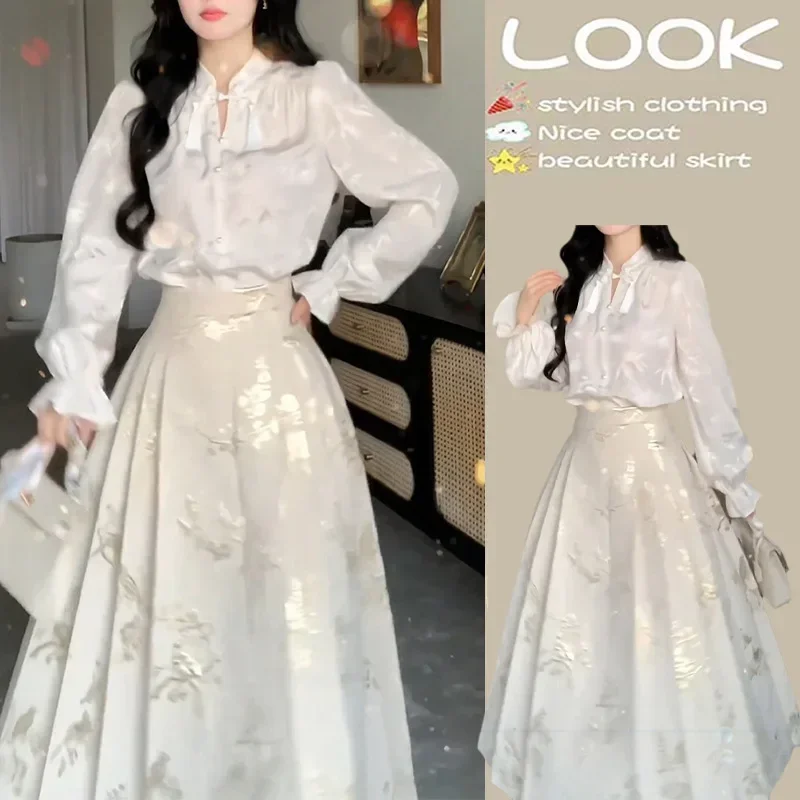 

new Chinese Style Jacquard Gold Silk Horse Face Skirt For Women 2025 Spring New High-Waisted Slimming Skirt Top