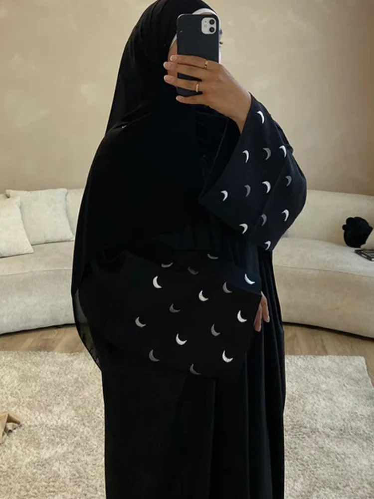 Eid Moon Embroidery Muslim Abaya for Women Cardigan Dress Morocco Ramadan Lace-up Abayas Kaftan Islam Dubai Arab Long Robe 2024