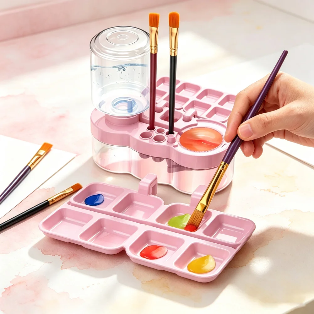 Artist Portable Paint Brush Washer Multifunctional Cleaning Tool With Mixing Palette For Watercolor Acrylic Painting Student Art