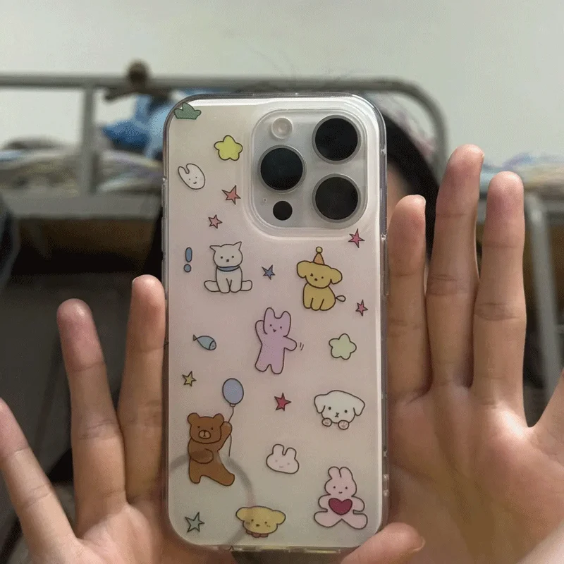 Ins Lovely Balloon Bear Phone Case For iPhone 16 Pro Max 15 14 13 12 11 Xr Xs Max 7 8 Plus Cartoon Pink Rabbit Y2K Phone Cases