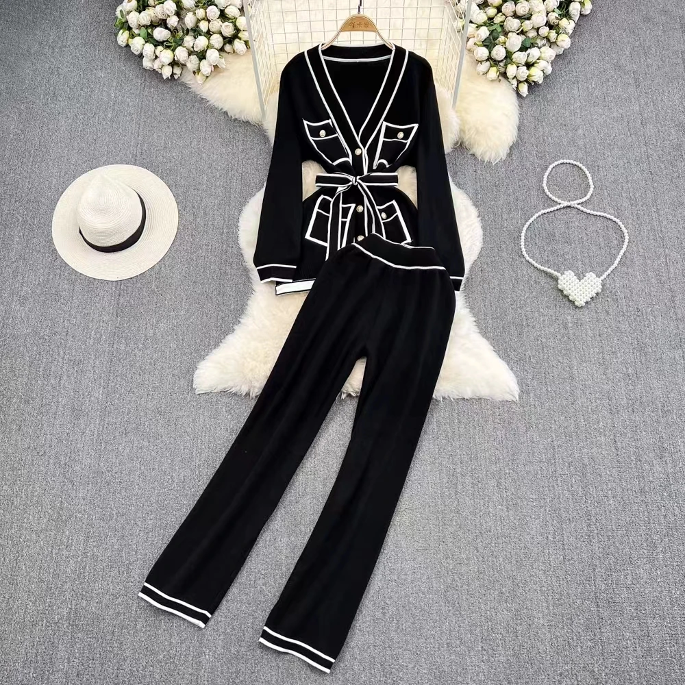 Vintage Contrast Color Knitted Two Piece Set for women V-neck Long Sleeve Lace Up Cardigan Coat + Wide Leg Pants Sets Tracksuit