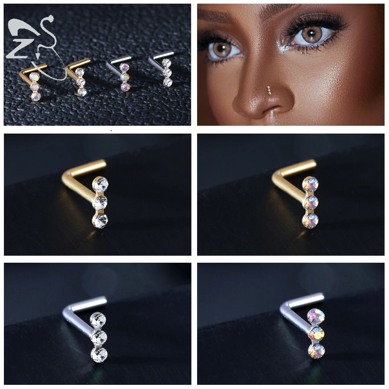 ZS 3-4Pcs/lot Gold Color Stainless Steel Nose Stud Set Heart Star Round Crystal Nose Piercing L Shape Nostril Piercing 18g/20g