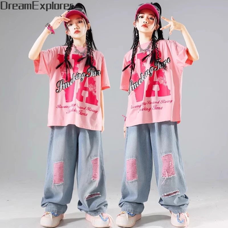 Girls Streetwear Street Dance T-shirt Pink Loose Jeans Hip Hop Clothes Sets Kids Jazz Ripped Denim Pants Outfits Teen Costumes