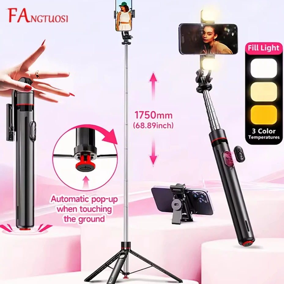 FANGTUOSI Auto Pop Open Tripod Selfie Stick Tripods with Wireless Bluetooth Remote Optional Fill Light for Cellphone Shooting