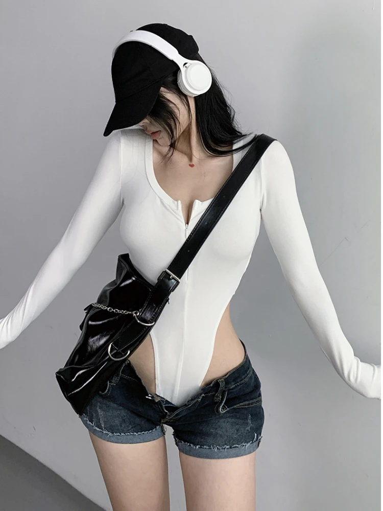 American Spicy Girl – combinaison moulante et Sexy, col en U, fermeture éclair, élastique, couleur unie, manches longues, T-shirt de sport de rue