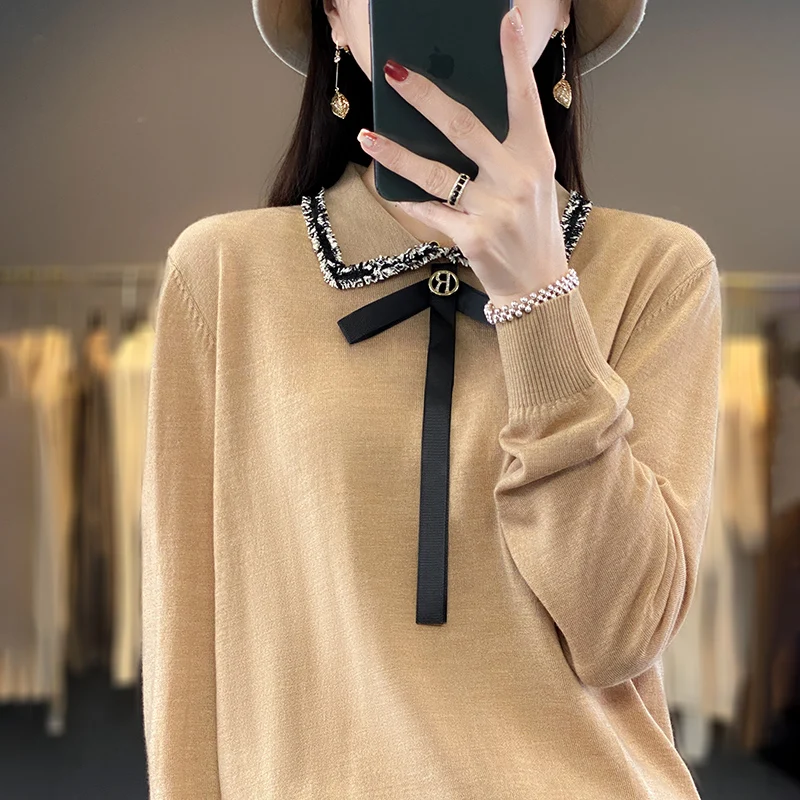 

Autumn And Winter New Cashmere Sweater Women's Polo Neck Pullover Long Sleeve Solid Loose Small Fragrance Casual Style Knitwear