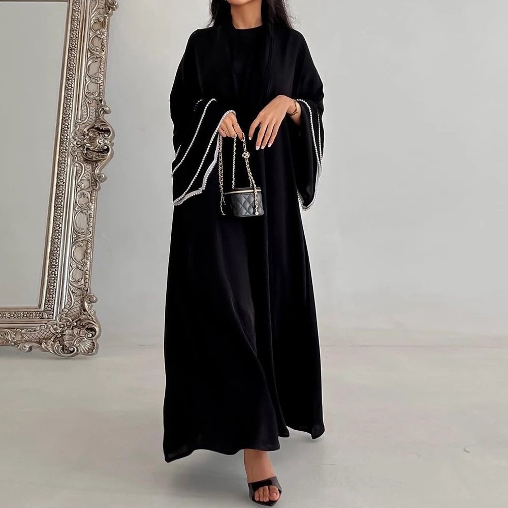 Fashion Flare Sleeve Muslim Dress Robe Female Full Length Opened Pearl Abaya Muslim Dress Worship Service Abaya Kimono Ramadan