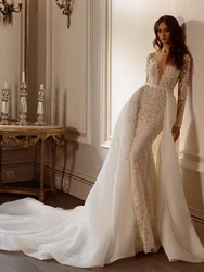 Vestidos De Novia Vintage con tren desmontable, Apliques De encaje clásicos con Vestidos De Novia, cuello en V, sin espalda, 2024