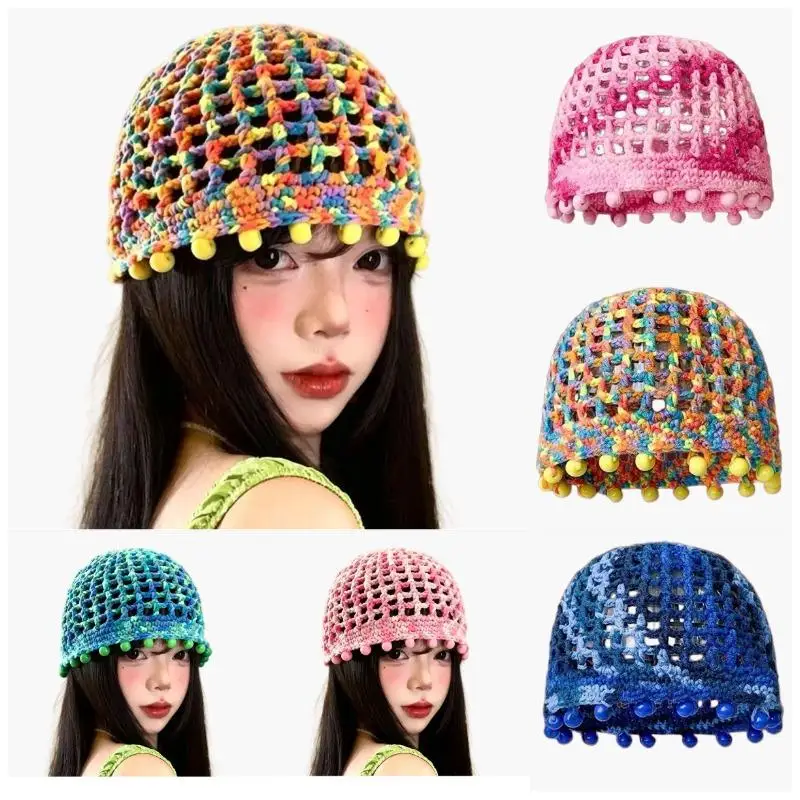 Ręcznie Robiona Szydełkowa ażurowa czapka w stylu vintage bohemy, zdobiona koralikami, oddychająca letnia czapka dziergana idealna do zdjęć na wakacje