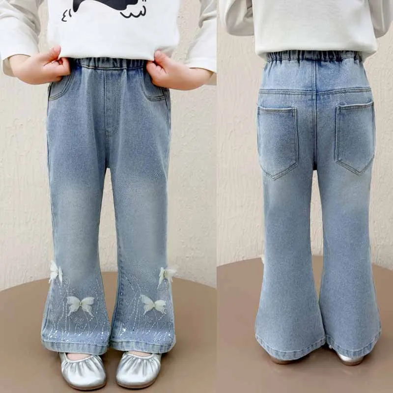 Girls Bow Print Denim Pants New BlingBling Diamond Jeans Children Clothes Kids Bell-Bottom Pants Fashion Slim-Fit Trousers 2-10Y