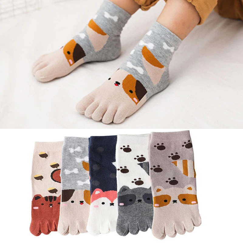 3-12T Cute Boys Girls Five Fingers Toe Socks Kids Cartoon Animals Printed Cotton Short Socks Split Thumb Toe Socks for Children