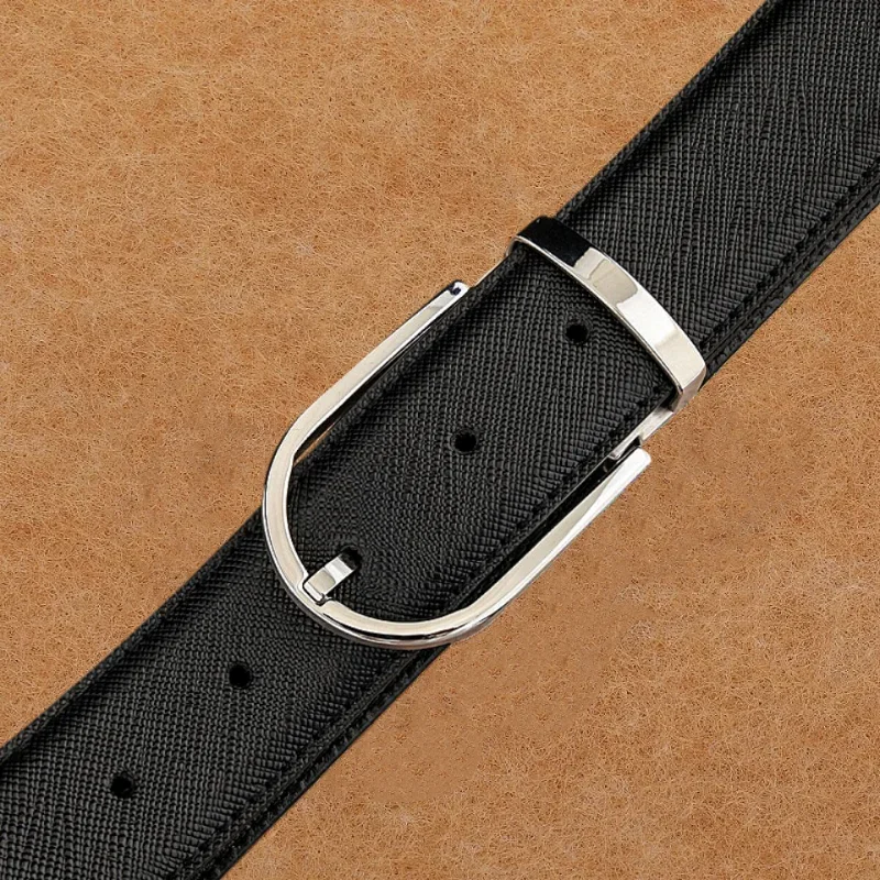 メンズ-幅35cm-両面クロスハッチレザーベルト-ステンレススチールピンバックル付き-ブラック-トップグレイン牛革