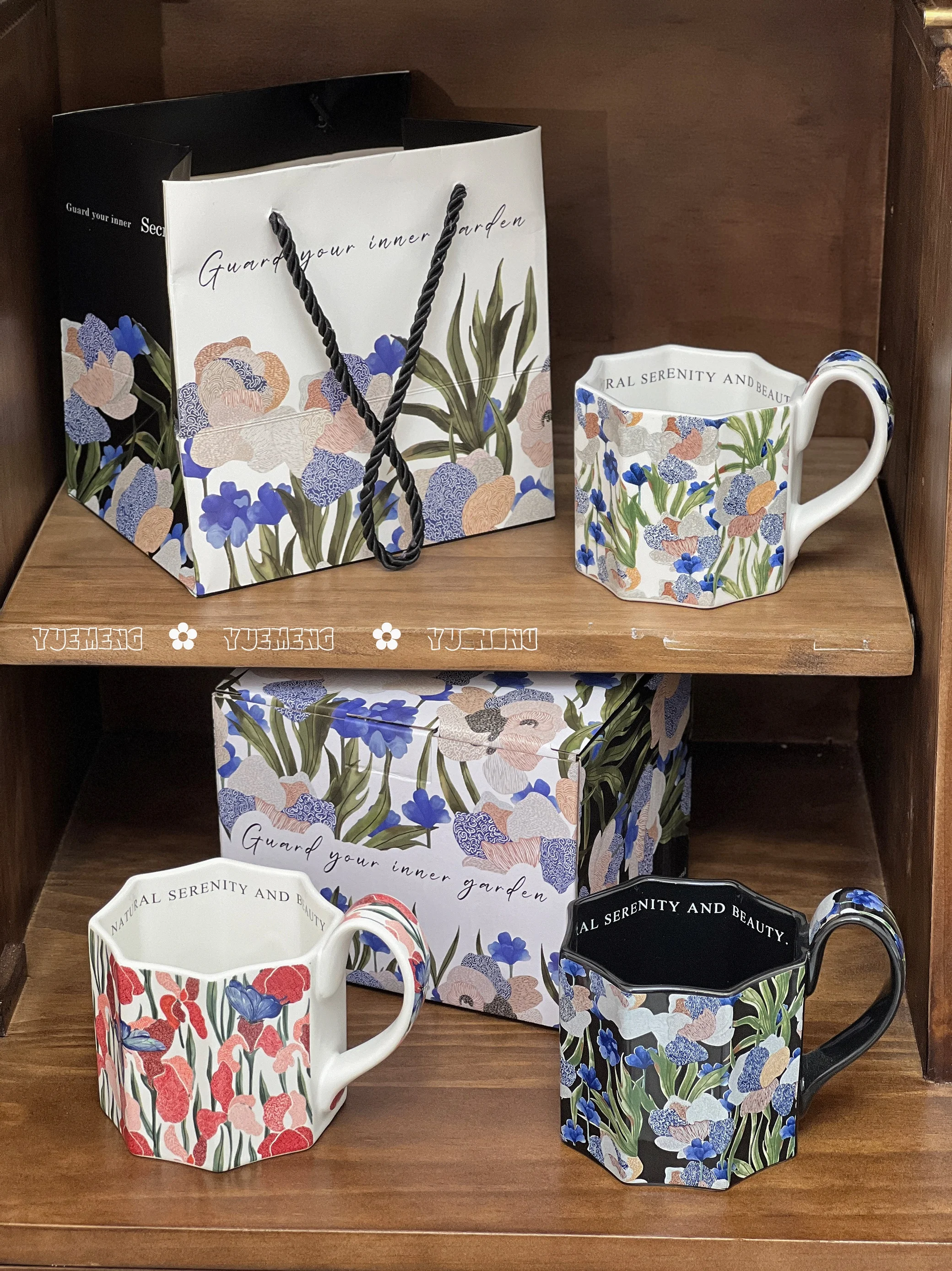 

YueMing Foodware Iris Восьмиугольная кружка Cerc Кофейная чашка Чашка для завтрака Подарочная коробка Винтаж Sle 400 мл Capaci с цветочным узором