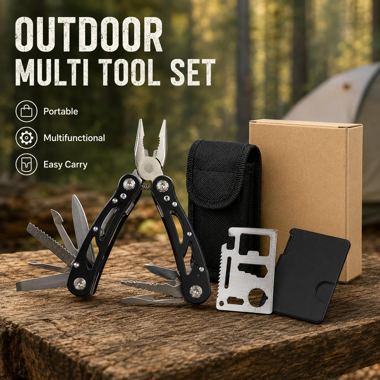 Conjunto de Ferramentas Multifuncionais para Exterior com 2 Peças, Alicate Dobrável e Ferramenta de Bolso para Reparos em Acampamentos, Ferramentas Manuais Portáteis de Emergência