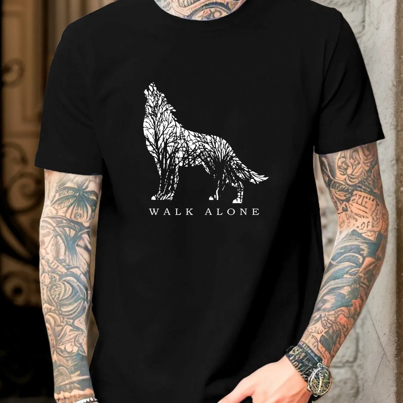 Men Wolf Pattern Cotton T-shirt - Casual Round Neck Short Sleeve Solo Design Summer Tee Summer Casual Wear Men Clothing