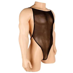 Tuta da uomo Sexy con apertura sul cavallo maglia vedere attraverso Sissy Hollow body T Back Stretch body intimo gay Lingerie esotica