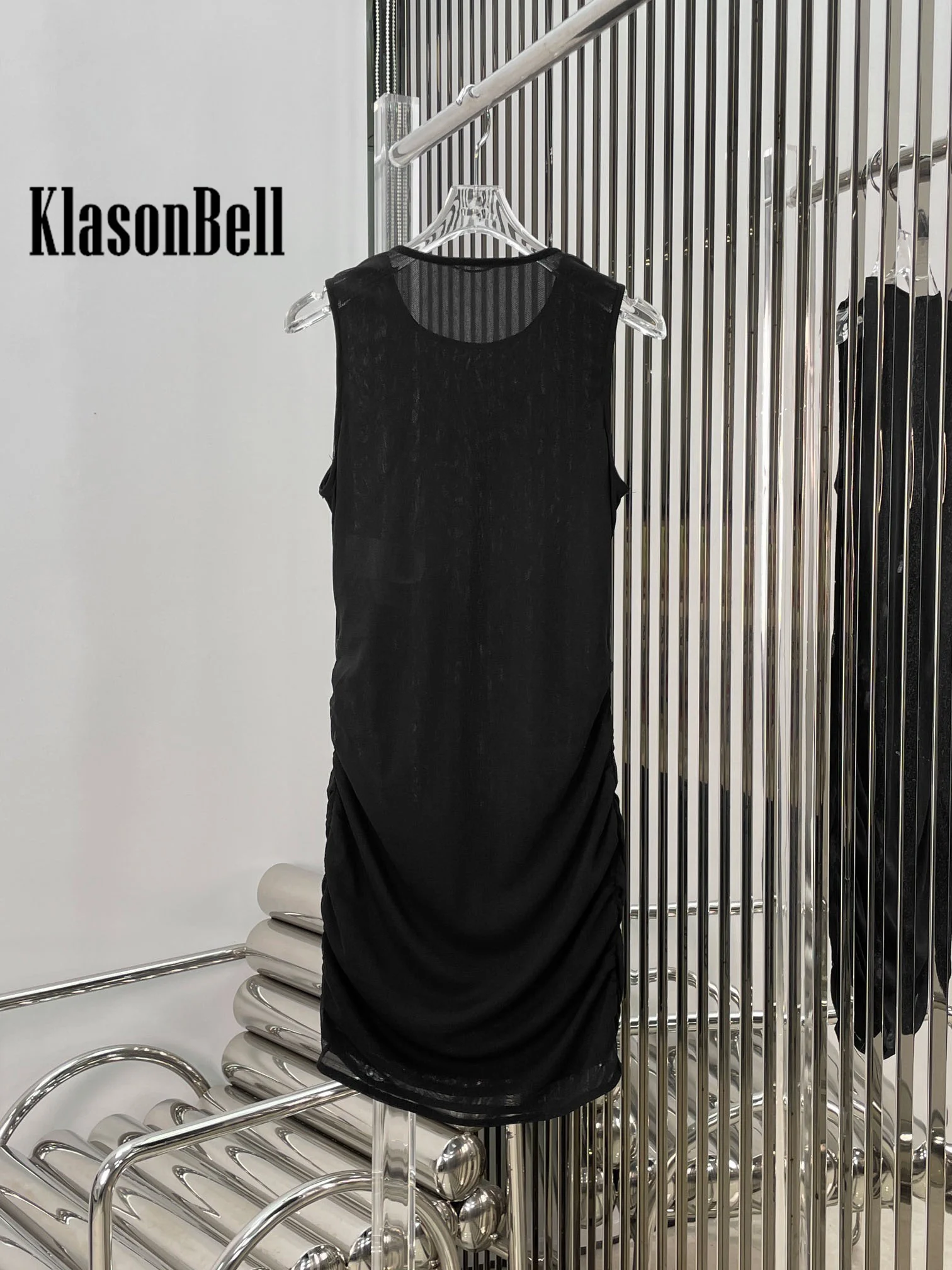 7.18 KlasonBell Women Sexy Sheer Crepe Ruched Sleeveless Dress 2024 New Summer Stretch Slim Thin Mesh Package Hip Dress