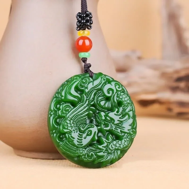 

Natural Green Jade Dragon Phoenix Carved Pendant Necklace Charm Jewellery Fashion Lucky Amulet Gifts for Women Man Sweater Chain