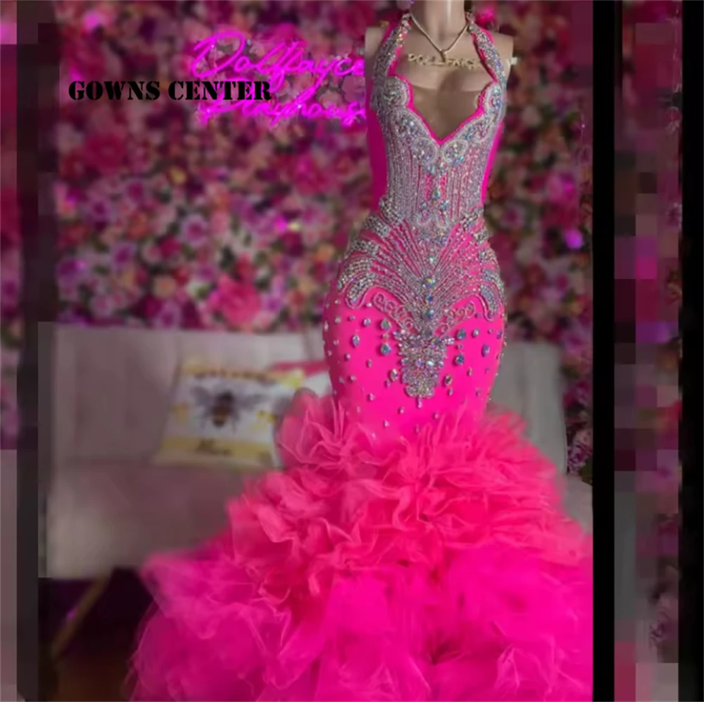 Hot Pink Mermaid Rainbow Rhinestone Party Prom Dresses For Wedding Evening Halter Black Girls Luxury Birthday Customized