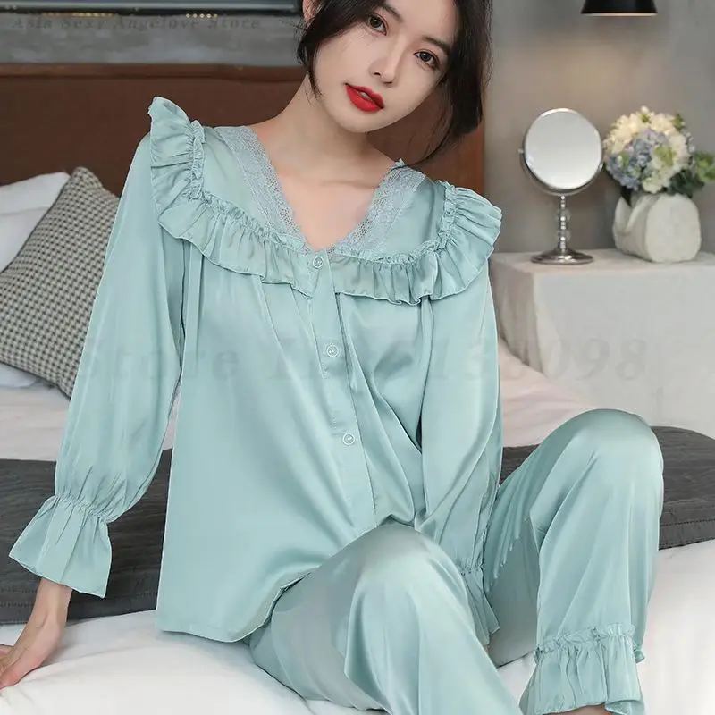 Satin Pajamas Set Faux Silk Women Sleepwear Shirt&Pants Casual Lace Pijamas Lounge Wear Spring Summer New Home Clothes Nightwear