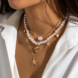 Imitation Pearl Necklace for Women Beach Mermaid Necklace Starfish Shell Retro Holiday Necklace Fashion Jewelry