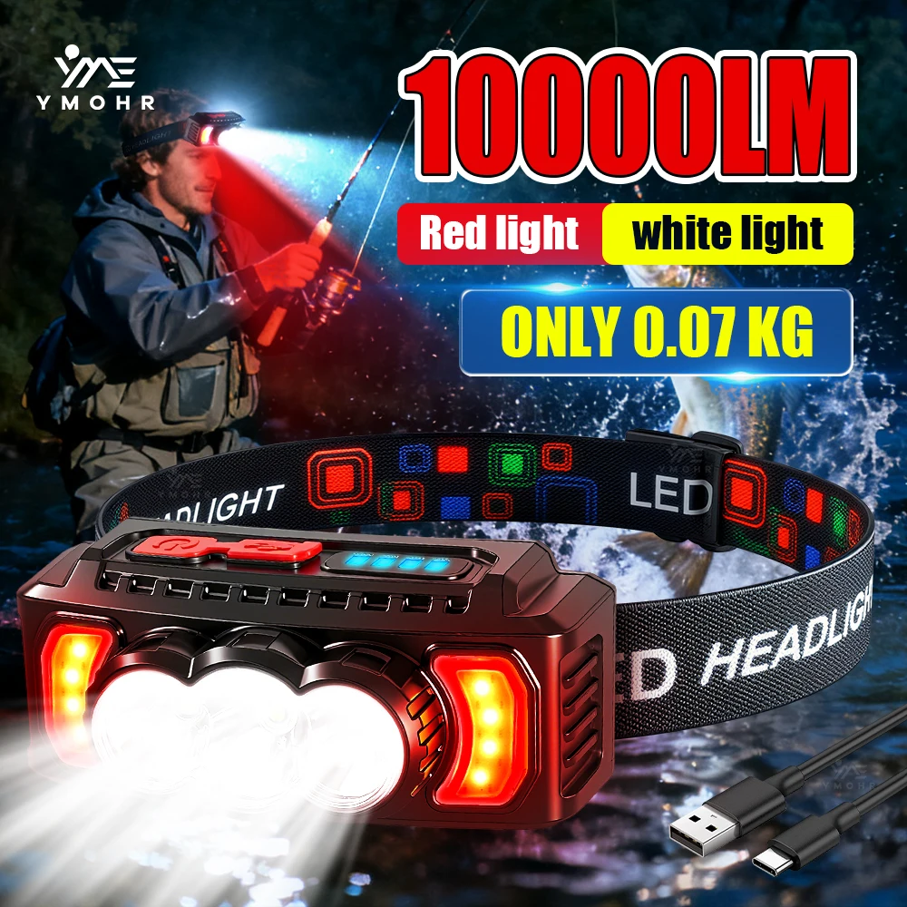Red Light Headlamp LED Rechargeable 18650 Powerful Headlight Waterproof Head LED Front Flashlight Fishing Accessories Work Light