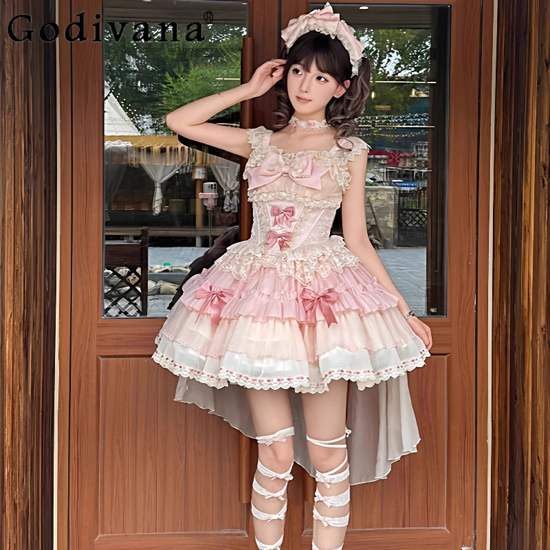 

Lolita Girl Pink Cake Puffy Dress Japanese Style JSK Cute Sweet Lolita Dress for Women Bow Collar Princess Short Dress