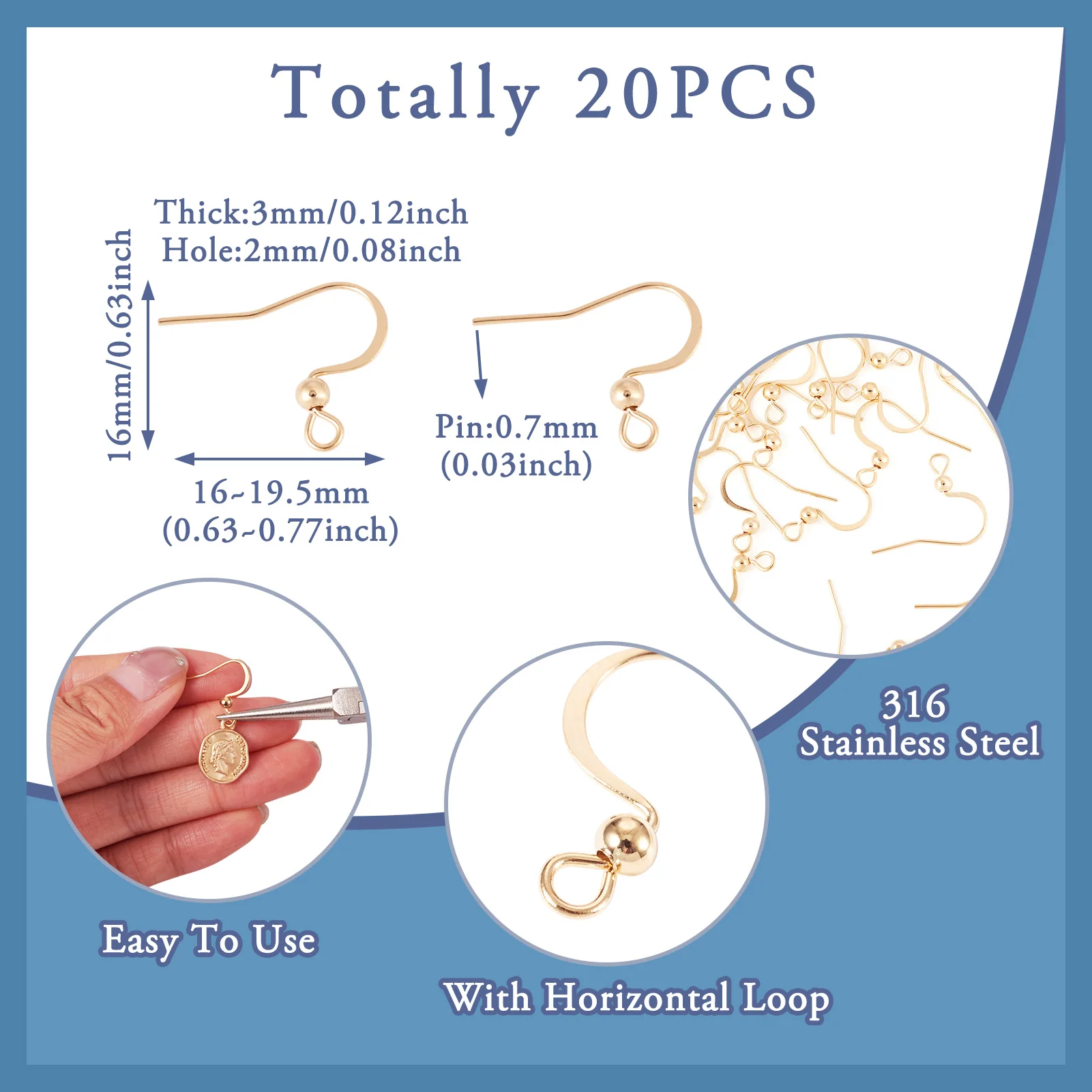 20pcs 316 Stainless Steel Earring Hooks Ear Wire with Horizontal Loop Earrings Clasp Findings Diy Jewelry Making