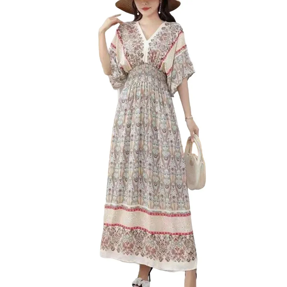 

Long Dress Women Dress Regular Short Sleeve Summer V-Neck Casual Fashionable Floral Print Dress Puff Sleeves Fashion