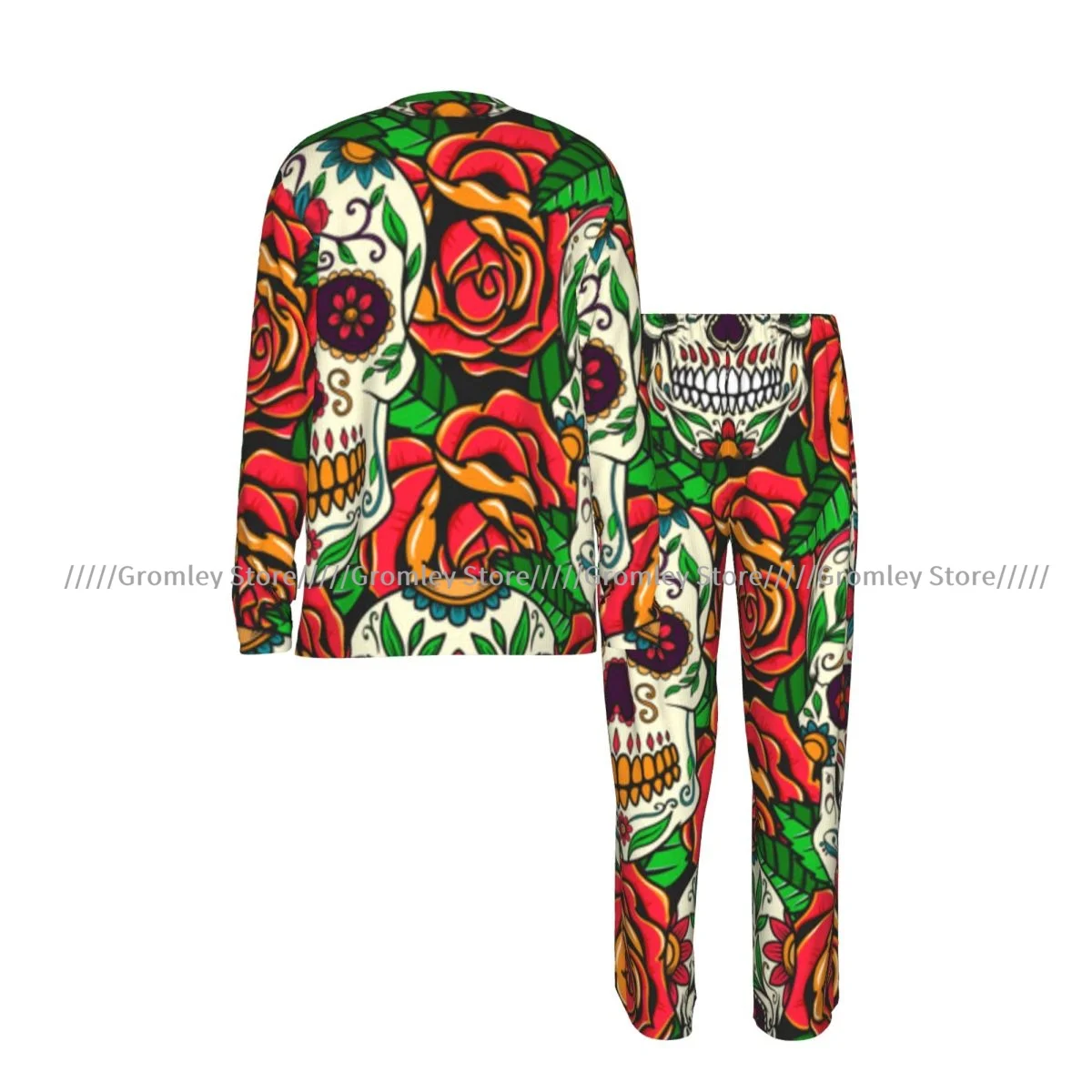 Men's Pajama Set Long Sleeve and Long Pants Sugar Skulls Roses Pattern Soft Sleepwear for Home