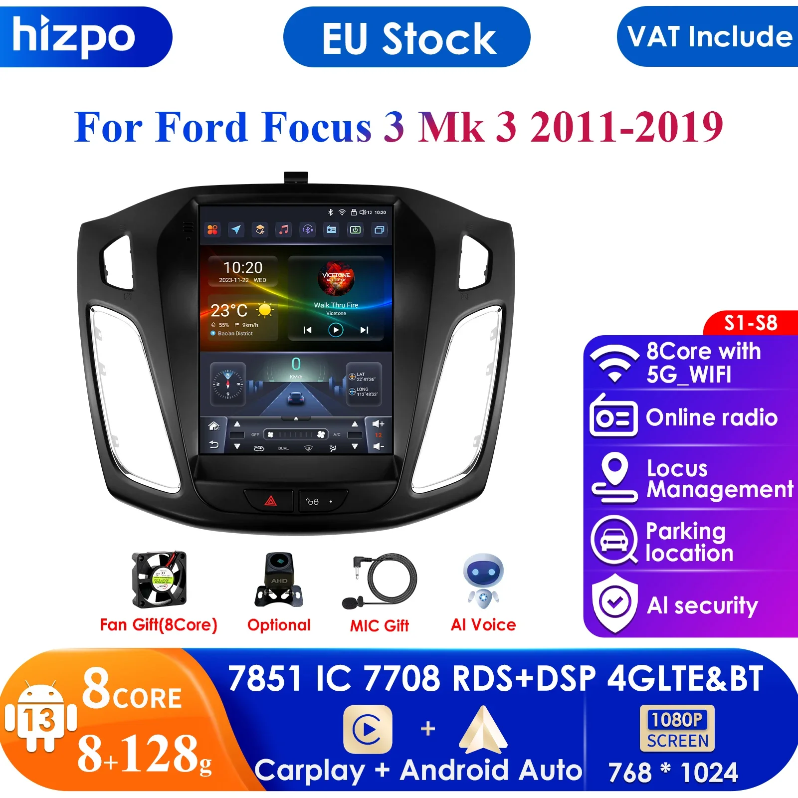 Carplay 4G 9.7'' 2Din Car Radio Android for Ford Focus 3 MK3 2011-2019 Stereo Tesla Style Multimedia Video Player GPS Navigation