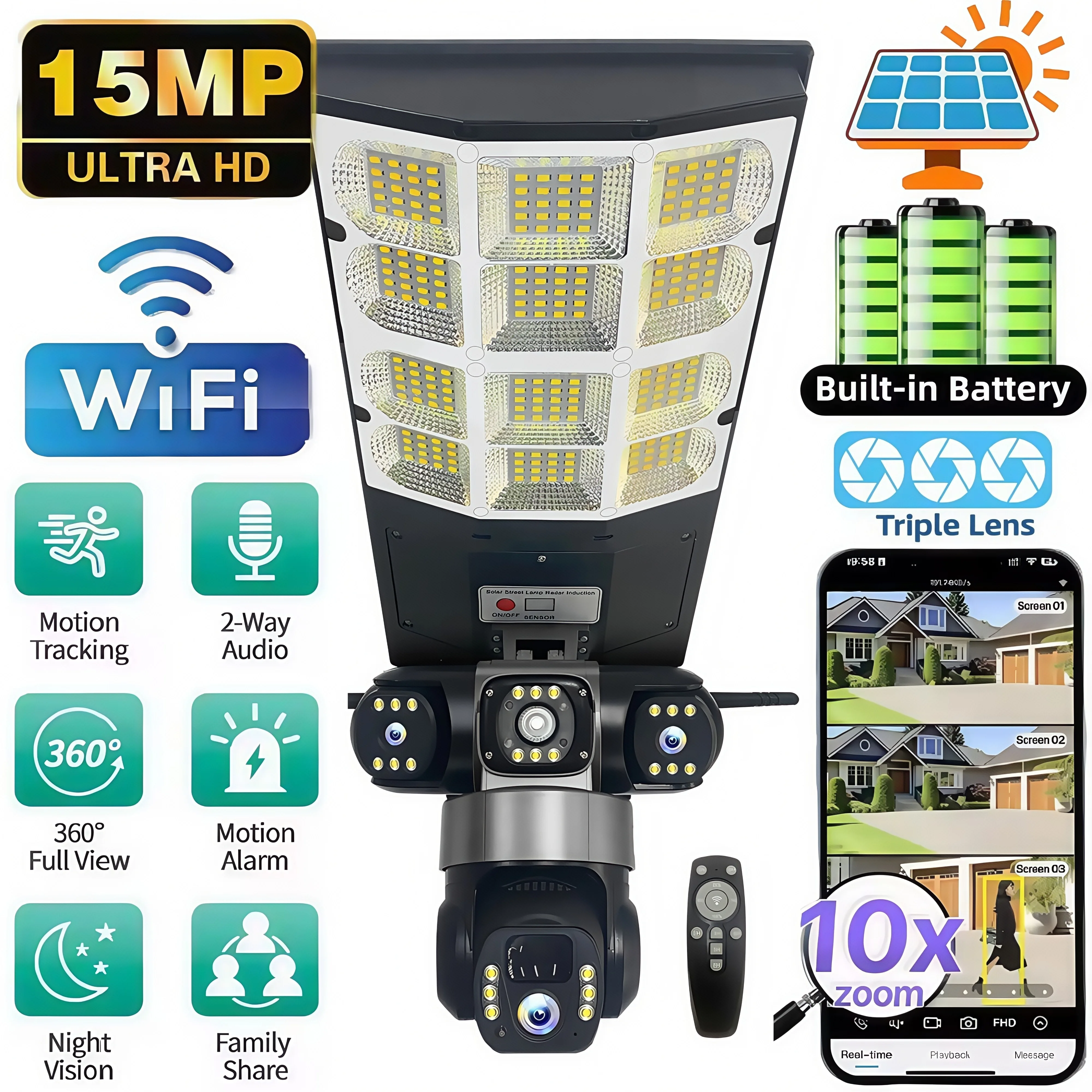 

Solar WIFI Street Light HD Camera 15MP 10X Zoom Three Lens Recording Humanoid Tracking Outdoor Cameras LED Lamp Remote Control