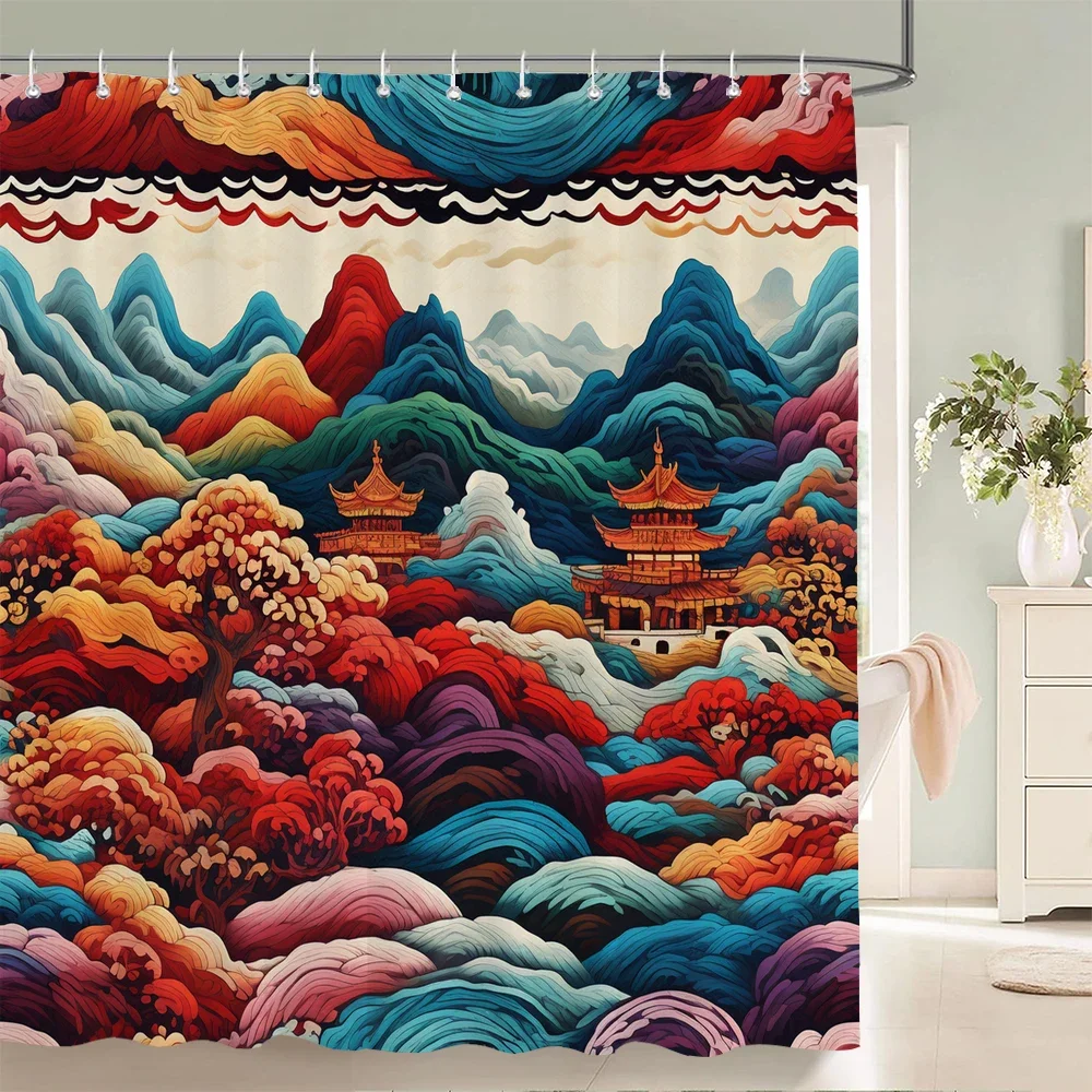 

Акварельная занавеска для душа в японском пейзажном стиле, текстурированная ткань, декор для ванной комнаты, водонепроницаемая ткань, занавеска для душа с крючками