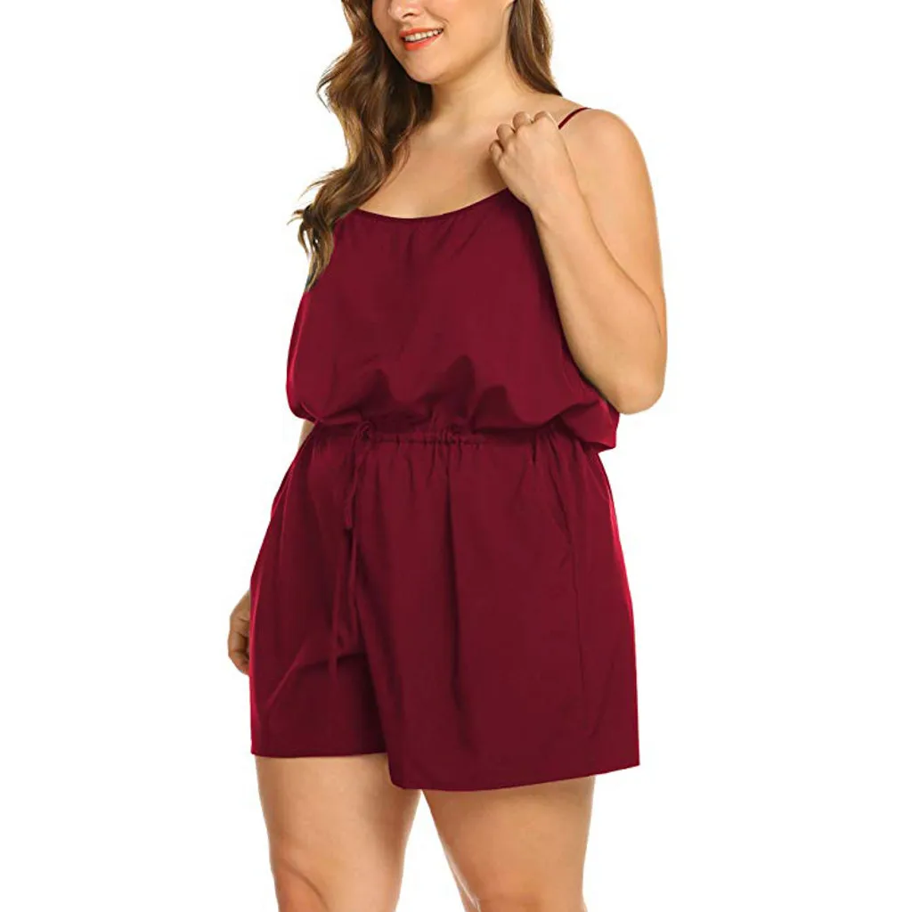 Women Summer Plus Size Solid Sleeveless V-Neck Rompers Short Jumpsuits Rompers Boiler Suit Women