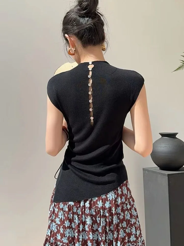 Summer French O Neck Small Fly Sleeve Basic Shirt Simple Temperament Backless Single Breasted Clothes Side Drawstring Split Tops