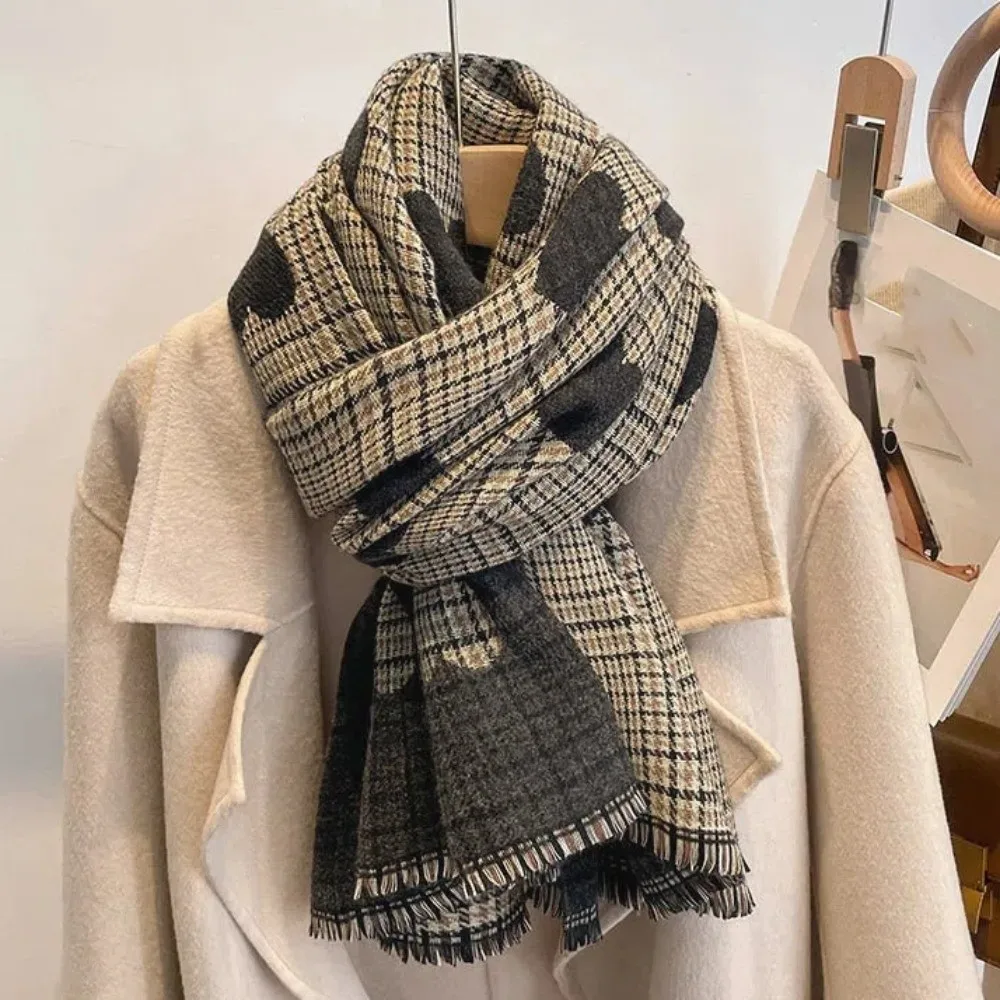 Korean Style Acrylic Fibers Heart Knitted Scarf Warmer Tartans Printed Double-sided Scarf Hijab Soft Long Thickened Shawl Spring