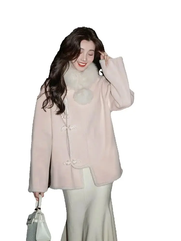 

Independent New Chinese Style Stand Up Collar Buckle Design Pink Woolen Coat Women's Autumn And Winter High-end Woolen Coat