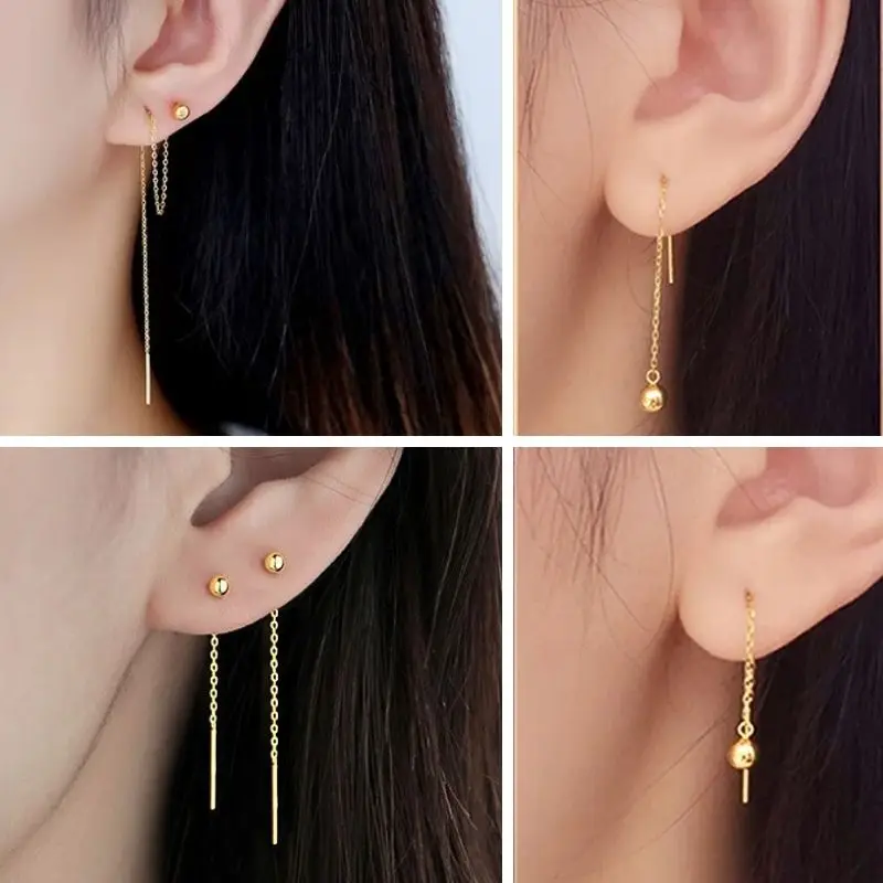 

925 Sterling Silver Needle 3.5/4.5/5.5mm Small Round Ball Chain Earrings Women's Star/Heart Chain Tassel Earrings Luxury Jewelry