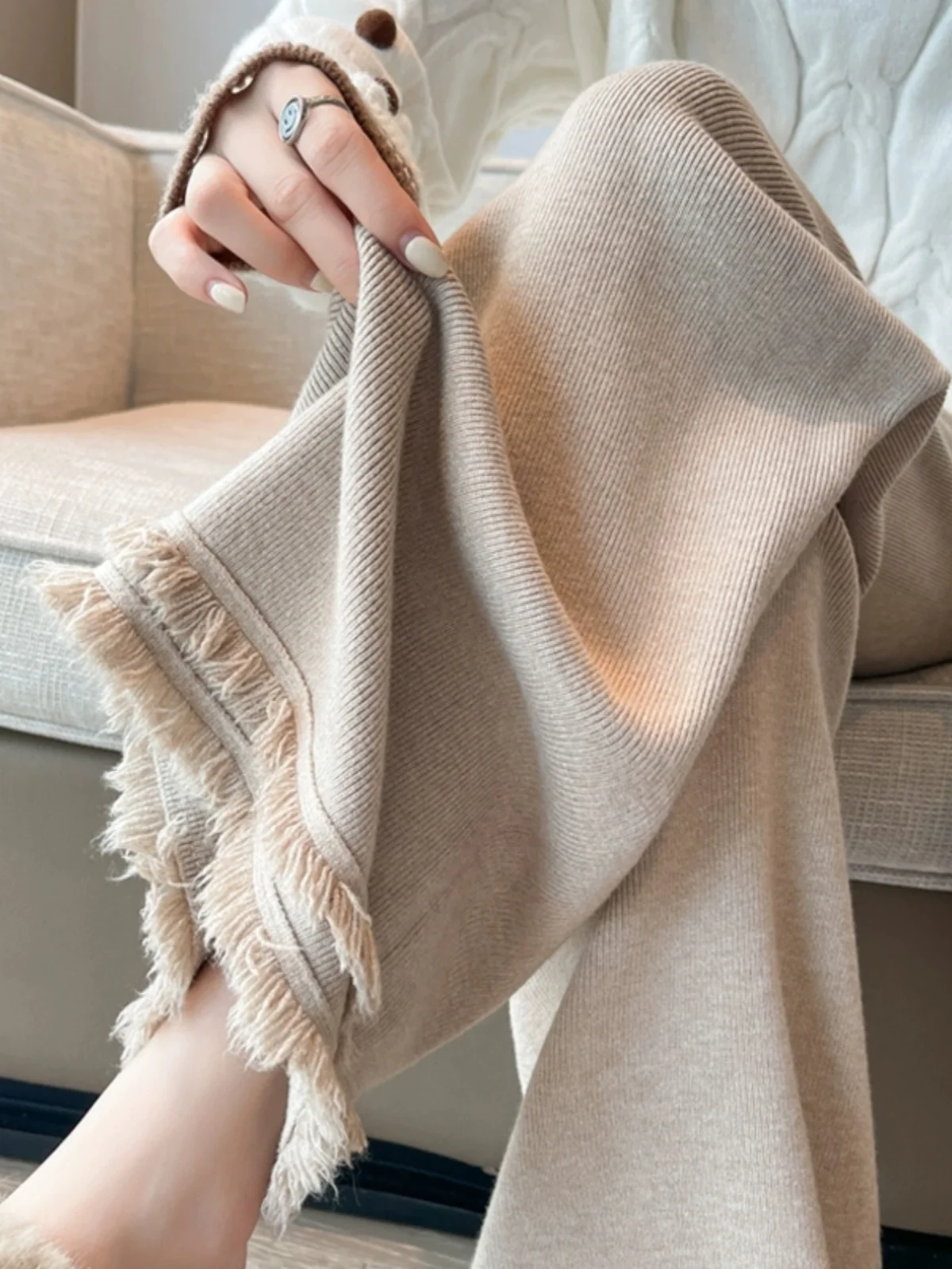 

High Waist Drapey Knitted Wide Leg Pants Women Early Autumn Winter New Lazy Style Sticky Rice Pants Casual Floor Length Soft ...