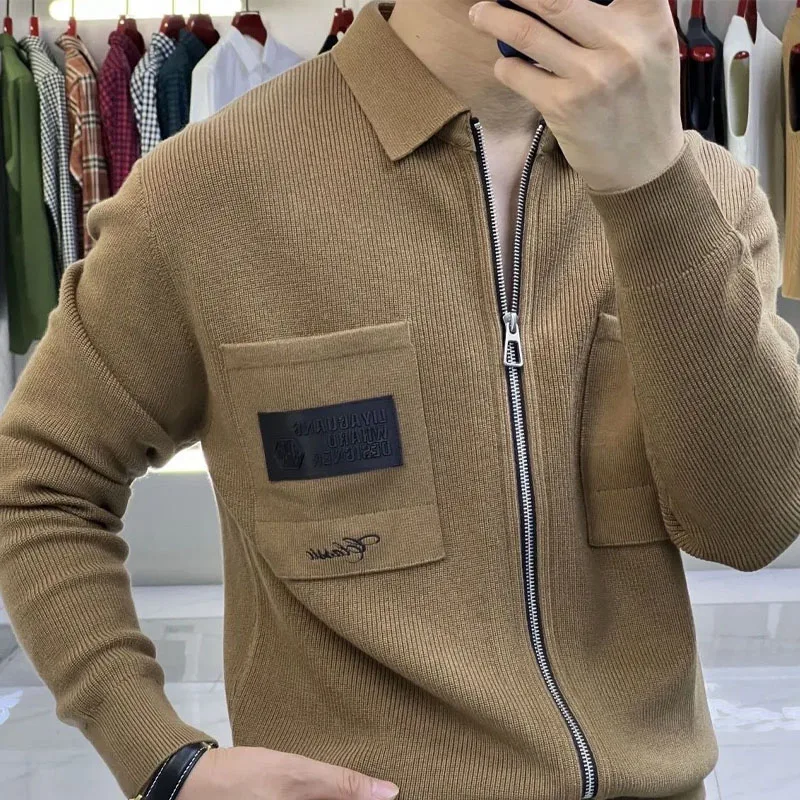 Business Office Casual Men\'s Turn-down Collar Knitted Coat 2023 Autumn Winter Trend Fashion Pockets Zipper Cardigan Male Clothes