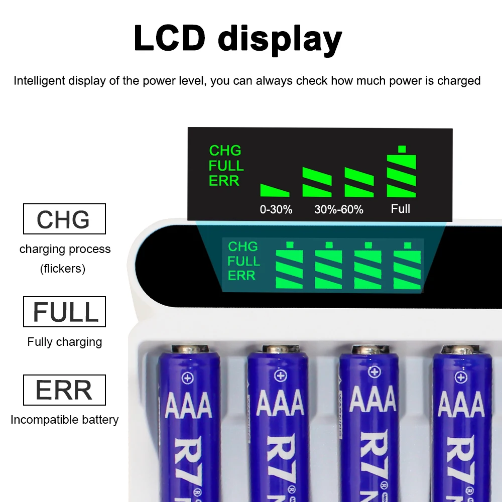8PCS R7 AAA Rechargeable Battery 1.2V NI-MH aaa batteries + 8 Slots LCD AA/AAA Battery Charger