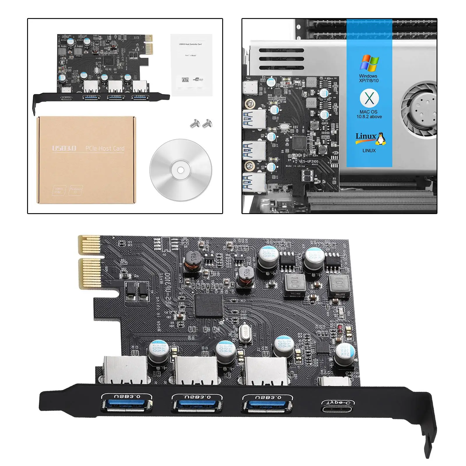 

Карта PCIE USB 3.0 Type C(1) Type A(3) PCIe без дополнительного источника питания