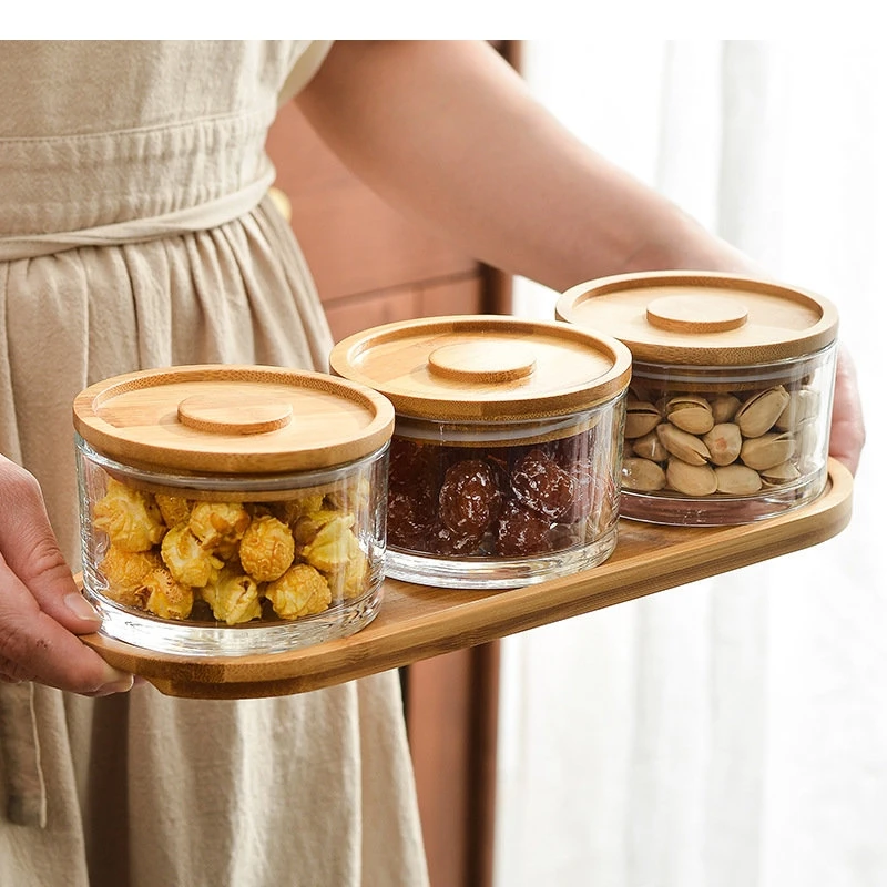 Wooden Lid Glass Storage Box Household Sealing and Dust Proof Dried Fruit Moisture Snack Candy Boxes