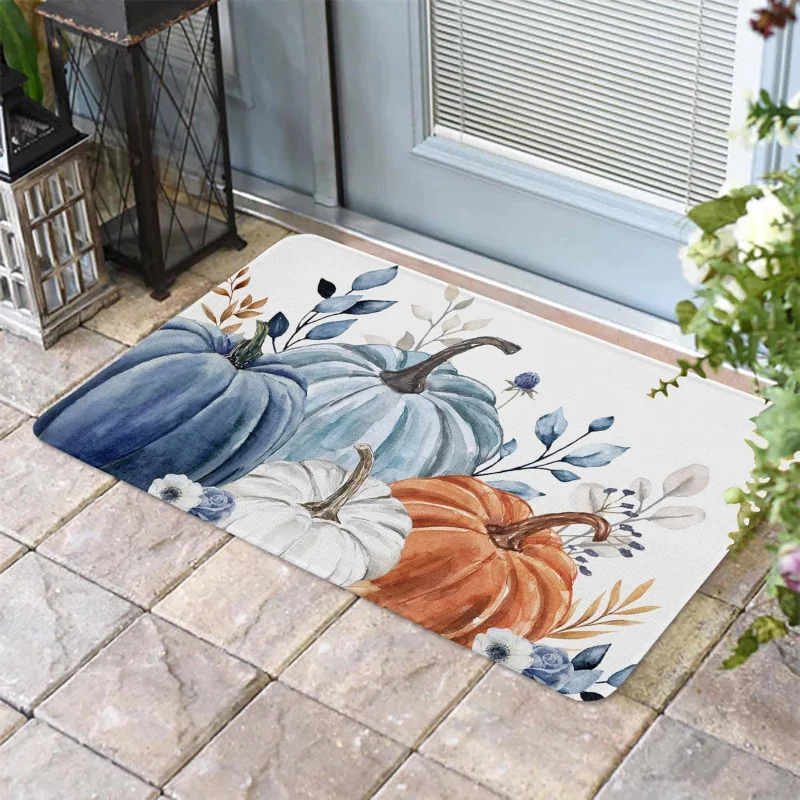 Watercolor Pumpkin Welcome Mat Entrance Floor Mat Autumn Harvest Thanksgiving Non slip Rubber Door Mat