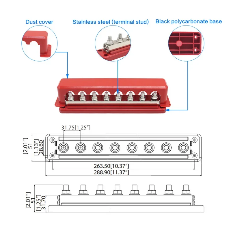 Bus Bar 24V 48V Power Distribution Block 600 A Terminal Block Bus Bar M8 Studs Power Busbars For Battery Marine Automotive