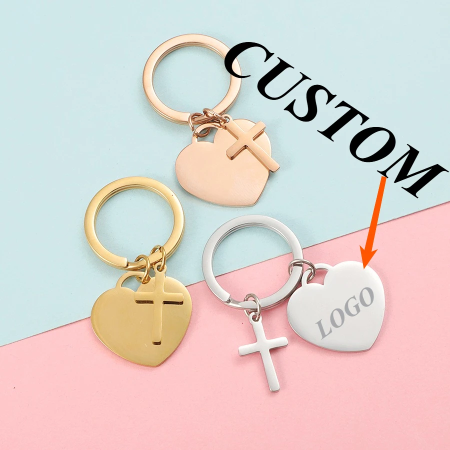 

1pc Custom Keychain Personalized Stainless Steel Smooth Heart-shaped Cross Customized Key Ring Car Accessories Gift Wholesale